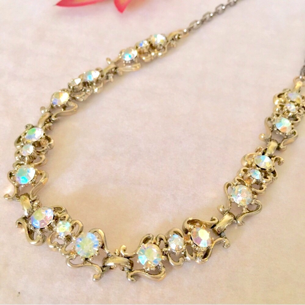 Vintage Rhinestones Floral Collar Necklace Solid Brass | Adjustable Length